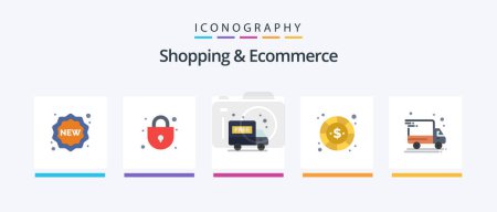 Téléchargez les illustrations : Shopping and Ecommerce Flat 5 Icon Pack Including package delivery. delivery truck. delivery van. payment. dollar. Creative Icons Design - en licence libre de droit
