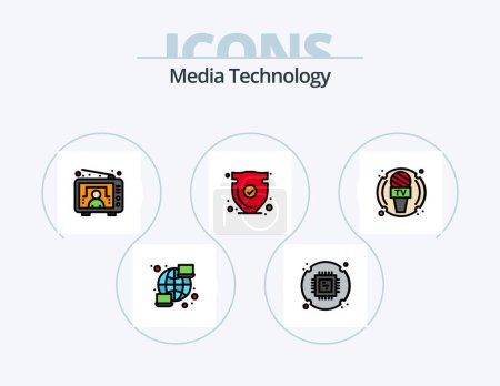 Ilustración de Media Technology Line Filled Icon Pack 5 Icon Design (en inglés). pantalla. papel. seguridad. periódico. verificar - Imagen libre de derechos