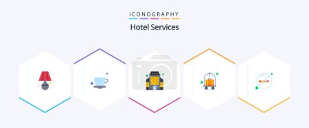 Téléchargez les illustrations : Hotel Services 25 Flat icon pack including no. trolley. building. luggage. cart - en licence libre de droit