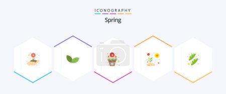 Téléchargez les illustrations : Spring 25 Pack icône plat avec haricots. la lumière du soleil. fleurs. plante. feuille - en licence libre de droit