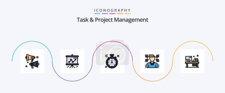 Ilustración de Línea de gestión de tareas y proyectos llenas paquete de iconos plano 5, incluyendo. Libro. dirección. oficina. perfil - Imagen libre de derechos