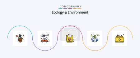 Téléchargez les illustrations : Ecology And Environment Line Filled Flat 5 Icon Pack Including electric. save. organic. planet. earth - en licence libre de droit