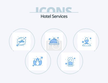 Ilustración de Servicios del hotel Blue Icon Pack 5 Icon Design. limpiando señora. servir. Percha. prima. signo - Imagen libre de derechos