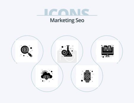 Téléchargez les illustrations : Marketing Seo Glyph Icon Pack 5 Icon Design. catalogue. processus de recherche. montre intelligente. recherche. cible - en licence libre de droit