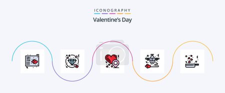 Téléchargez les illustrations : Valentines Day Line Filled Flat Pack de 5 icônes comprenant la cuisson. coeur. mariage. voler. avion - en licence libre de droit