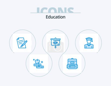 Illustration for Education Blue Icon Pack 5 Icon Design. . education. pen. cap. presentation - Royalty Free Image