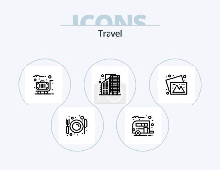 Ilustración de Travel Line Icon Pack 5 Icon Design. sobre. Información. gaviota. detalles. cabaña - Imagen libre de derechos