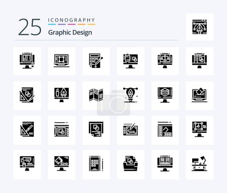 Téléchargez les illustrations : Graphic Design Pack d'icônes 25 Solid Glyph incluant ordinateur. remplissage de couleur. outil de conception. baisse de couleur. seau - en licence libre de droit