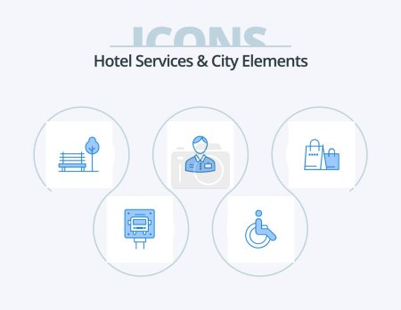 Ilustración de Servicios del hotel y elementos de la ciudad Blue Icon Pack 5 Icon Design. Bolsa. hotel. banch . portero. botones. - Imagen libre de derechos