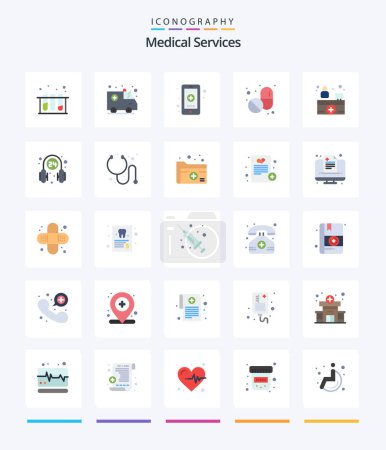 Téléchargez les illustrations : Creative Medical Services 25 Pack d'icônes plates telles que médicales. réception de l'hôpital. santé. comprimé. médical - en licence libre de droit