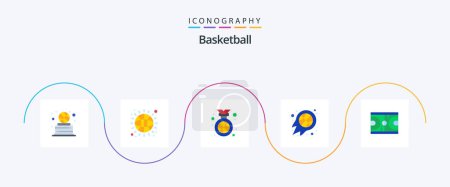 Téléchargez les illustrations : Basketball plat pack de 5 icônes y compris le jeu. le sport. médaille. nba. basket - en licence libre de droit