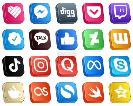 Illustration for 20 Stylish Isometric 3D Social Media Icons such as video. kakao talk. douyin and wattpad icons. Elegant and unique - Royalty Free Image