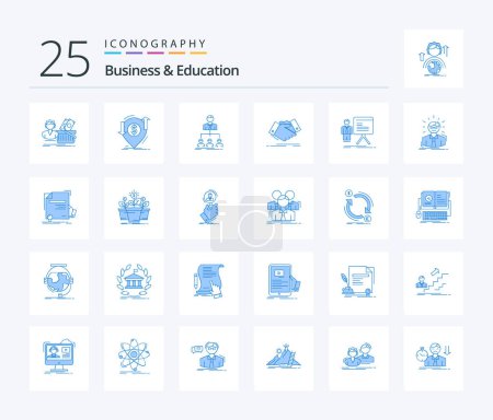 Téléchargez les illustrations : Business And Education 25 Blue Color icon pack including shaking hand. handshake. finance. company. organization - en licence libre de droit