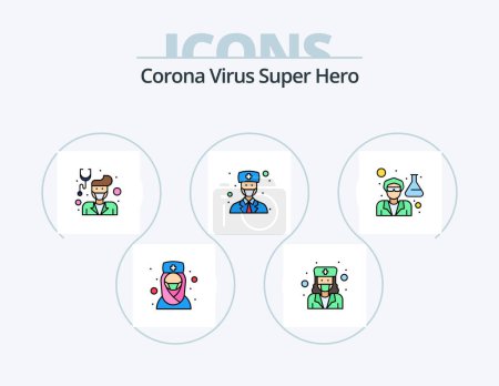 Téléchargez les illustrations : Corona Virus Super Hero Line Filled Icon Pack 5 Icon Design. people. doctor. avatar. avatar. pharmacist - en licence libre de droit