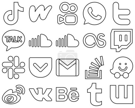 Illustration for 20 High-quality and modern Black Outline Social Media Icons such as slack. lastfm. whatsapp. music and soundcloud icons. Elegant and high-resolution - Royalty Free Image