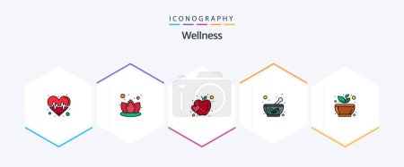Ilustración de Wellness 25 FilledLine paquete de iconos incluyendo la calma. moliendo. fruta. platillo. a base de hierbas - Imagen libre de derechos