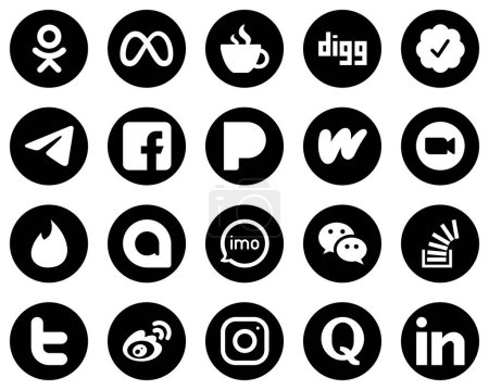 Illustration for 20 Innovative White Social Media Icons on Black Background such as zoom. wattpad. telegram. pandora and fb icons. Unique and high-definition - Royalty Free Image