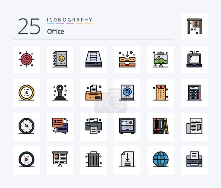 Téléchargez les illustrations : Office 25 Line Filled icon pack including coin. office. drawer. laptop. seo - en licence libre de droit