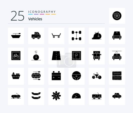 Téléchargez les illustrations : Véhicules 25 Solid Glyph icône pack y compris le stationnement. Voiture. Vélo. van. voiture - en licence libre de droit