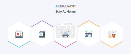 Téléchargez les illustrations : Stay At Home 25 Flat icon pack including bucket. picture. delivery. photo. stay - en licence libre de droit