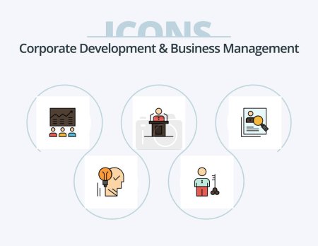 Téléchargez les illustrations : Développement de l'entreprise et de la ligne de gestion d'entreprise rempli Icône Pack 5 Icône Design. ampoule. cerveau. graphiques. créatif. statistiques - en licence libre de droit