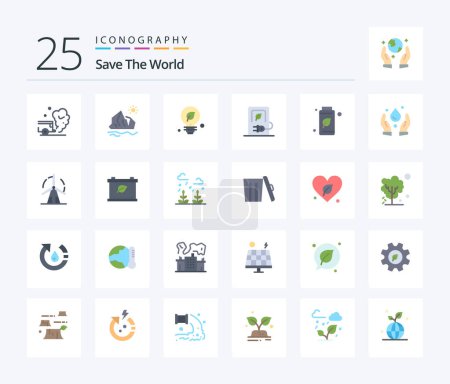 Téléchargez les illustrations : Save The World 25 Flat Color icon pack including stations. charging. iceberg. car. green - en licence libre de droit
