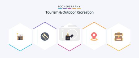 Illustration for Tourism And Outdoor Recreation 25 Flat icon pack including backbag. hotel. fire. pin. location - Royalty Free Image