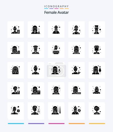 Téléchargez les illustrations : Creative Female Avatar 25 Glyph Solid Black icon pack  Such As engineer. construction. pharmacy. nurse. mask - en licence libre de droit