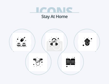 Ilustración de Stay At Home Glyph Icon Pack 5 Icon Design. spa. máscara. jardinería. música. teléfono principal - Imagen libre de derechos