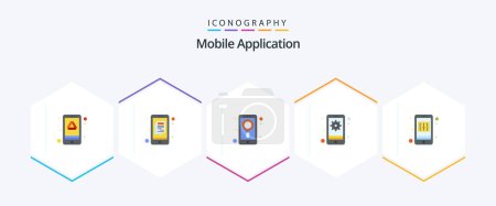 Illustration for Mobile Application 25 Flat icon pack including application. device. app. setting. gear - Royalty Free Image