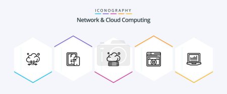Illustration for Network And Cloud Computing 25 Line icon pack including tecnology. laptop. cloud. errortechnology. web page - Royalty Free Image