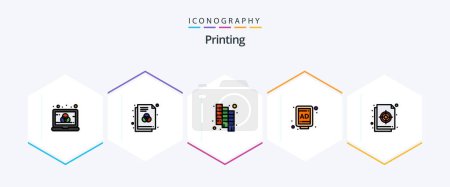 Ilustración de Printing 25 FilledLine icon pack including target. colour. catalog. circular. billboard - Imagen libre de derechos