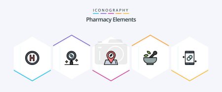 Téléchargez les illustrations : Pharmacy Elements 25 FilledLine icon pack including medical. mobile. medical. soup. medical - en licence libre de droit