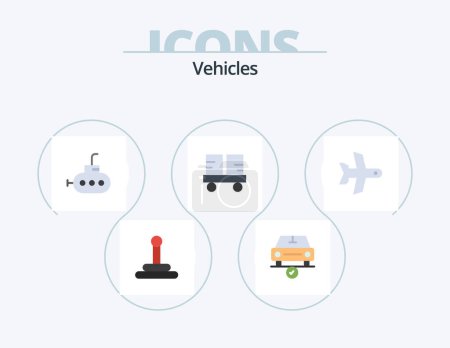 Ilustración de Vehículos Flat Icon Pack 5 Icon Design. vehículo. Despegue. submarino. avión. carretilla elevadora - Imagen libre de derechos