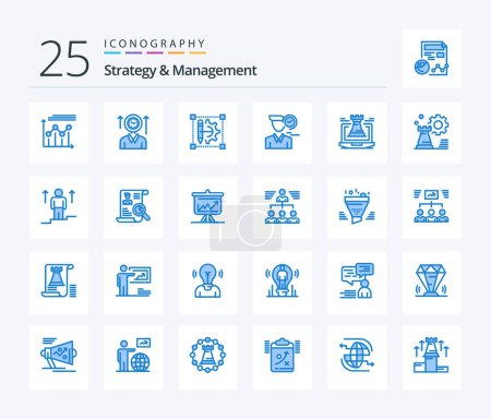 Téléchargez les illustrations : Strategy And Management 25 Blue Color icon pack including user. clock. up. time. cog wheeld printer - en licence libre de droit