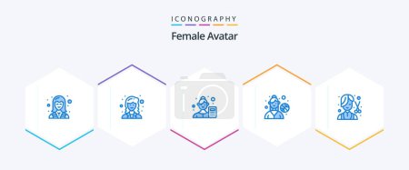 Ilustración de Mujer Avatar 25 Paquete icono azul incluyendo peluquero. Jugadora femenina. Científico. jugador de baloncesto. analista de negocios - Imagen libre de derechos