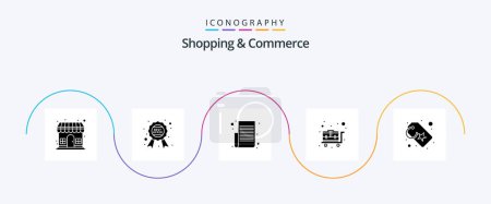 Téléchargez les illustrations : Shopping And Commerce Glyph 5 Icon Pack Including wheelbarrow. luggage cart. quality. track list. shopping list - en licence libre de droit