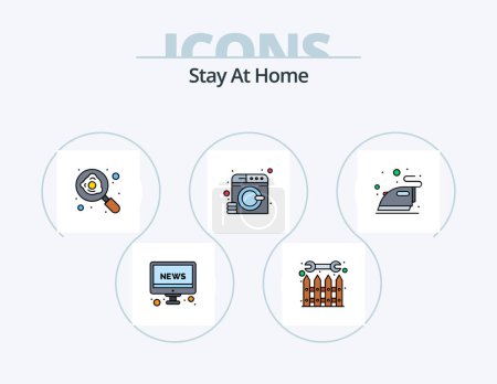 Téléchargez les illustrations : Stay At Home Line Icône remplie Pack 5 Icône Design. ballon. à la maison. le petit déjeuner. J'appelle. poêle - en licence libre de droit