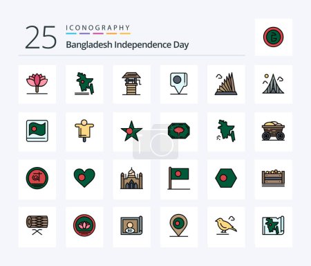 Téléchargez les illustrations : Bangladesh Independence Day 25 Line Filled icon pack including landmark. construction. farming. building. flag - en licence libre de droit