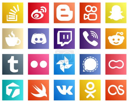 Illustration for 20 Stylish Social Media Icons such as text. discord. blogger and caffeine icons. Clean and professional - Royalty Free Image