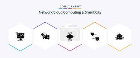 Téléchargez les illustrations : Pack d'icônes Network Cloud Computing et Smart City 25 Glyph incluant lan. les yeux. discussion. vision. surveillance - en licence libre de droit
