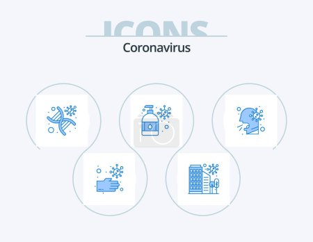 Ilustración de Coronavirus Blue Icon Pack 5 Icon Design. atención médica. protección contra virus. ADN. crema hidratante. lavado a mano - Imagen libre de derechos