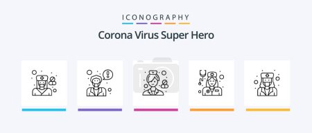Téléchargez les illustrations : Corona Virus Super Hero Line 5 Icon Pack Y compris la fille. pharmacien. Docteur. hôpital. femelle. Icônes créatives Design - en licence libre de droit
