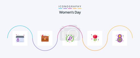 Téléchargez les illustrations : Womens Day Flat Pack de 5 icônes y compris cadeau. jour. amour. Une tulipe. fleur - en licence libre de droit