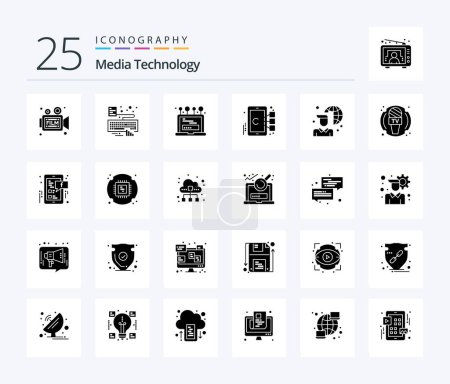 Téléchargez les illustrations : Technologie des médias Pack d'icônes 25 Solid Glyph incluant Internet. mobile. attacher. se concentrer. ordinateur - en licence libre de droit