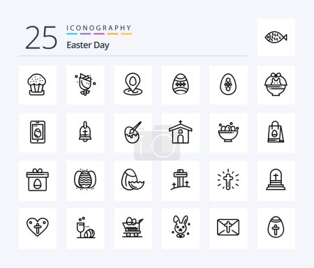 Téléchargez les illustrations : Easter 25 Line icon pack including cart. egg. location. easter. bird - en licence libre de droit