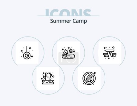 Téléchargez les illustrations : Summer Camp Line Icon Pack 5 Icon Design. tree. forest. knife. camping. rope - en licence libre de droit