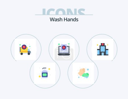 Téléchargez les illustrations : Laver les mains plat Icône Pack 5 Icône Design. bâtiment. rapport. corona. médical. coronavirus - en licence libre de droit