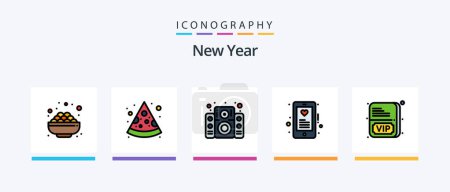 Téléchargez les illustrations : New Year Line Filled 5 Icon Pack Including year. calendar. food. celebration. new year. Creative Icons Design - en licence libre de droit