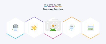 Illustration for Morning Routine 25 Flat icon pack including planning. calendar. sunset. mirror. sink - Royalty Free Image